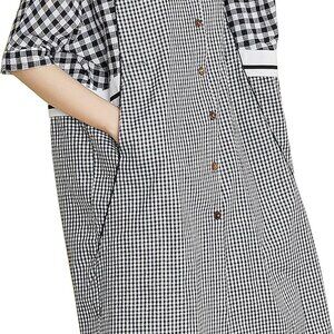 Women Cotton Half Sleeve Midi Shirt Dress V-Neck Plaid Button Casual